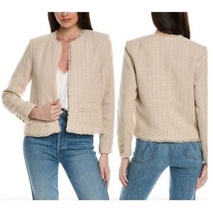 Nanette Lepore‎ Tweed Boucle Open Blazer Beige Sz M Career Chanel Vibe Fringe T